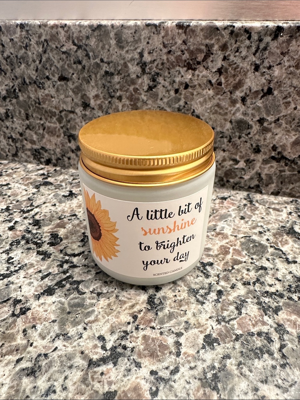“A little bit of sunshine” White Jar Candle with Gold Lid and Sunflower Accent